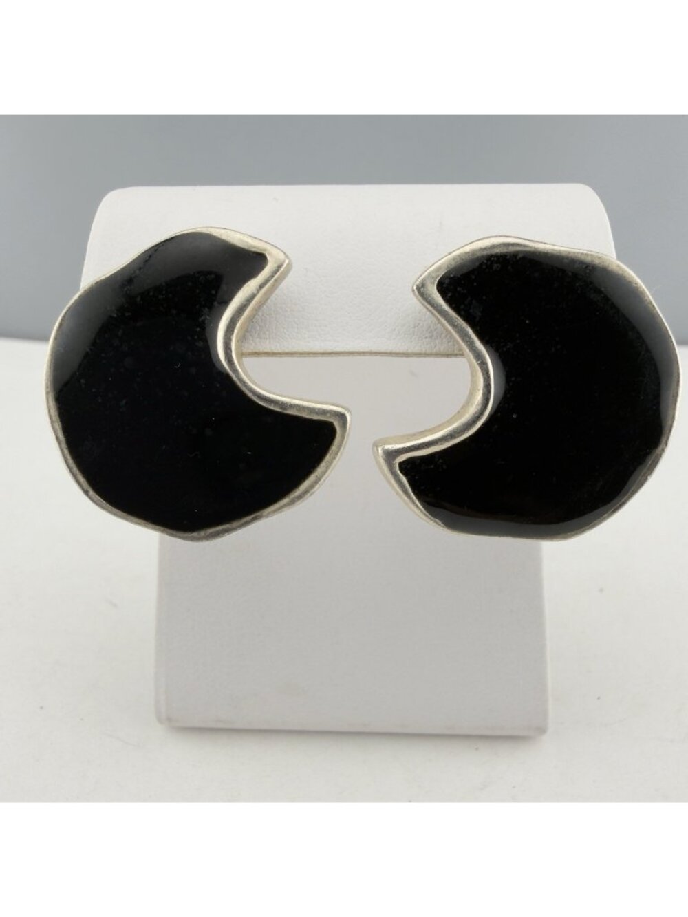 Vintage Don Lin Black Enamel Earrings Modernist Abstract Silver Tone Signed